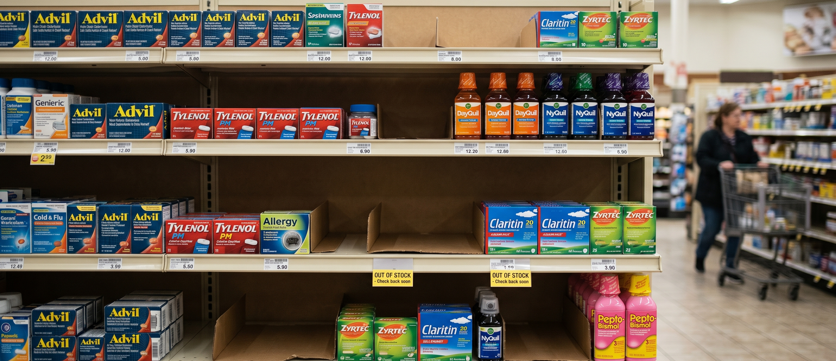 Retail shelf with visible out-of-stock gaps and out-of-stock tags
