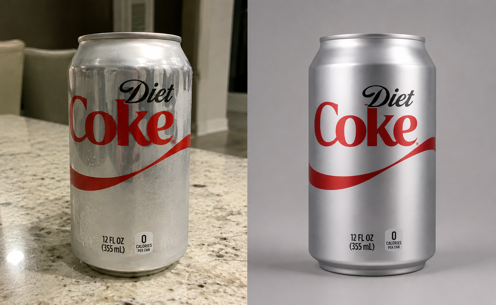 A real Diet Coke can beside a photorealistic digital twin of the same can