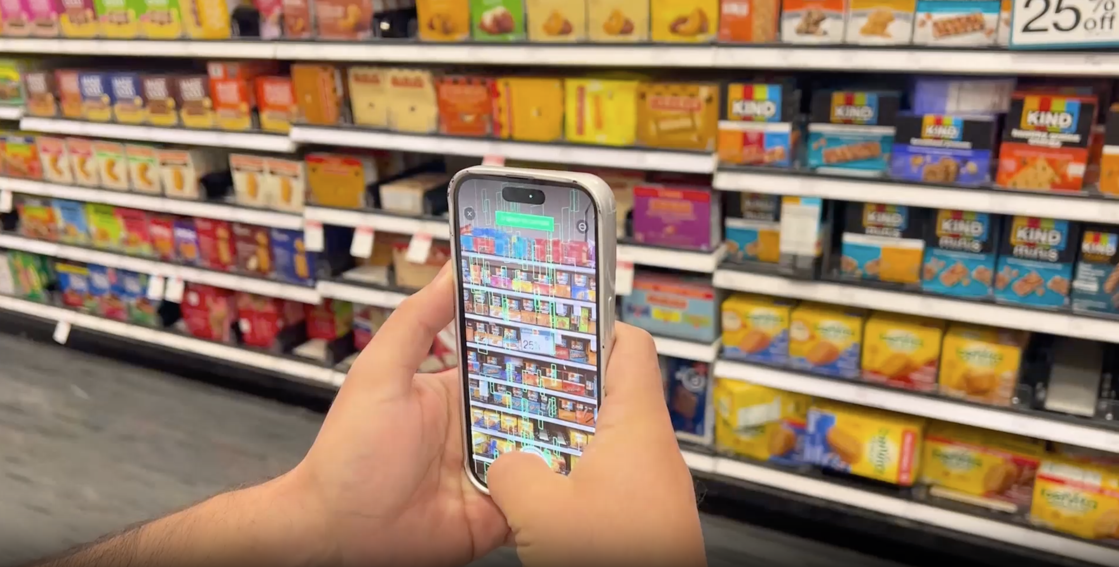 A rep pointing a phone at a shelf, live recognition overlaid on screen