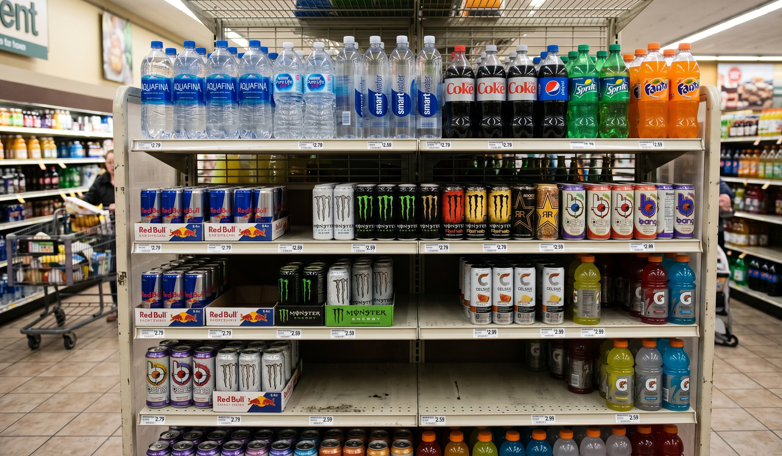 Beverage shelf with visible empty facings between stocked products