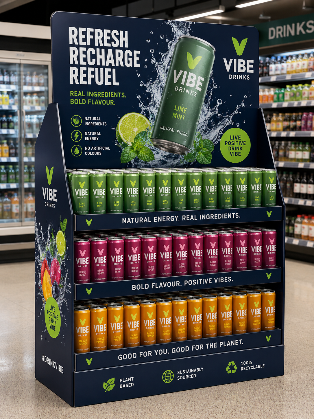 A branded free-standing display unit for a drinks launch in-store