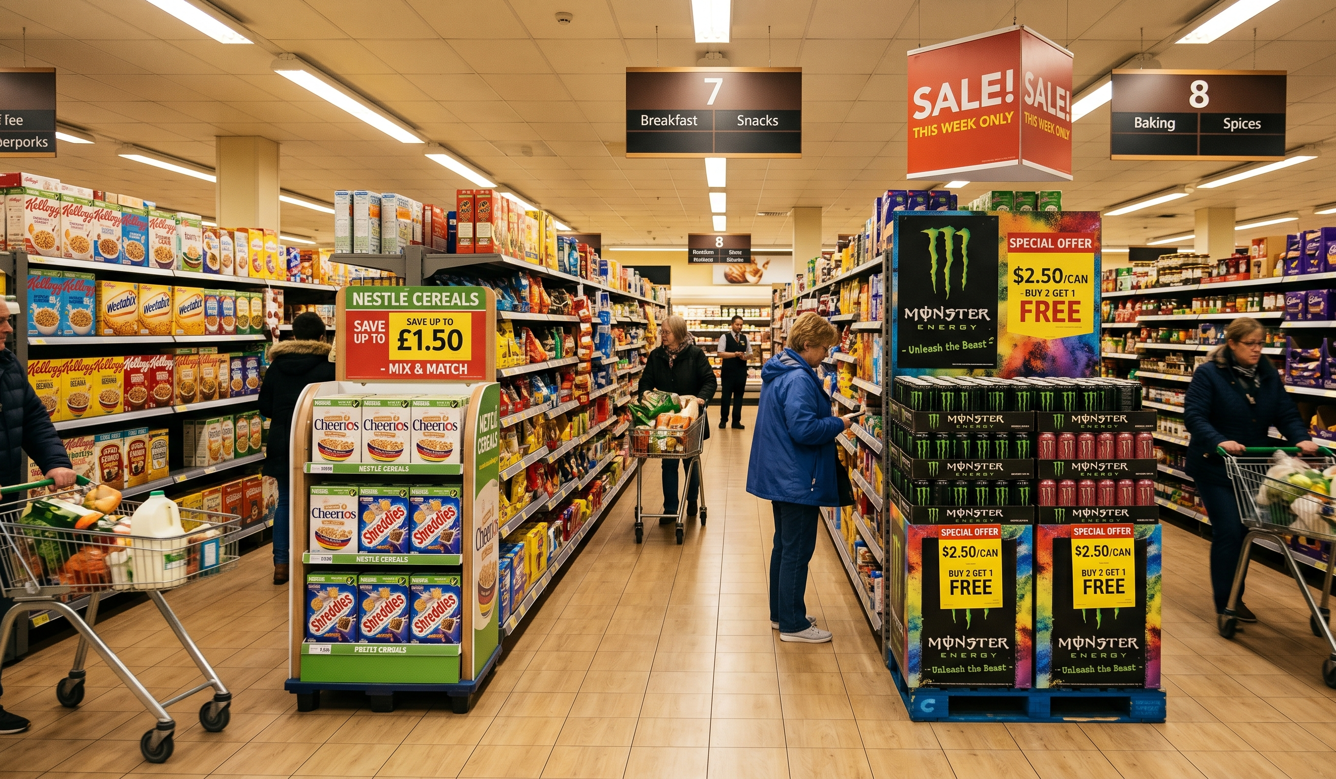 Supermarket aisle with competing branded promotional end-cap displays