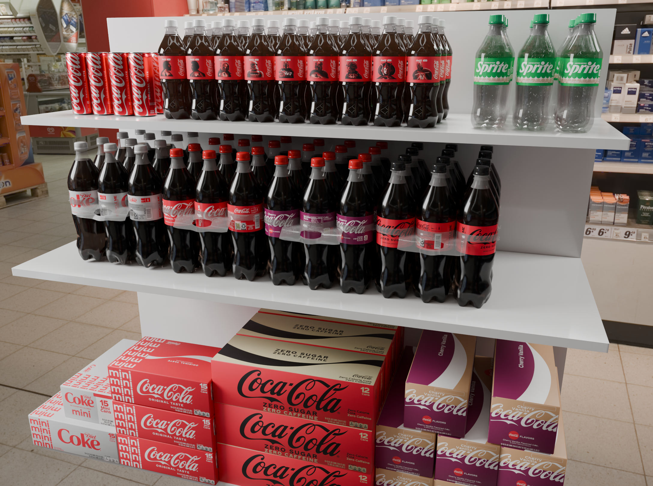 A photorealistic rendered store shelf used to train product recognition